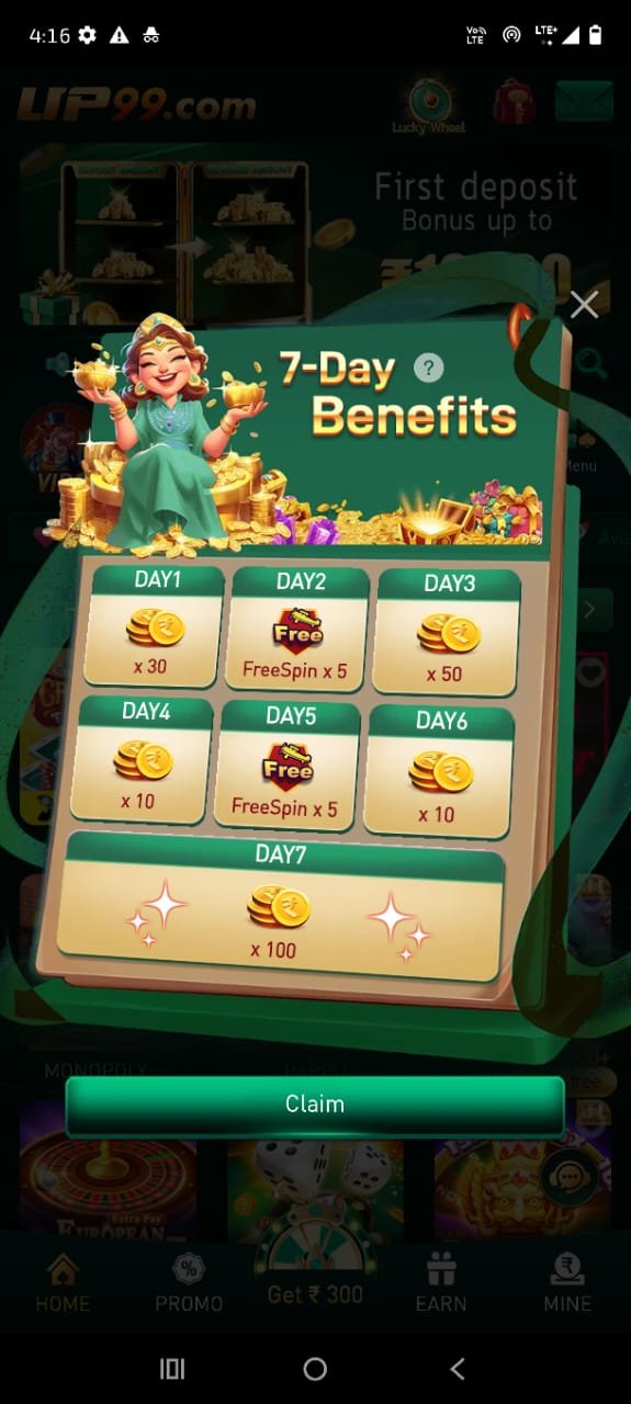 UP99 Game online earning app interface showing casino games, color prediction, and bonus rewards.