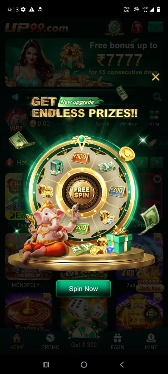UP99 Game online earning app interface showing casino games, color prediction, and bonus rewards.