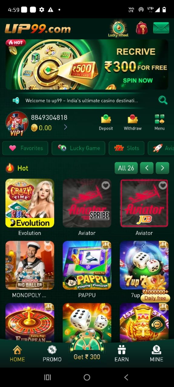UP99 Game online earning app interface showing casino games, color prediction, and bonus rewards.